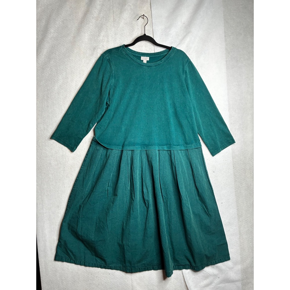 LOGO Lori Goldstein Teal Green Cotton Layered Look Pleated Midi Dress Large